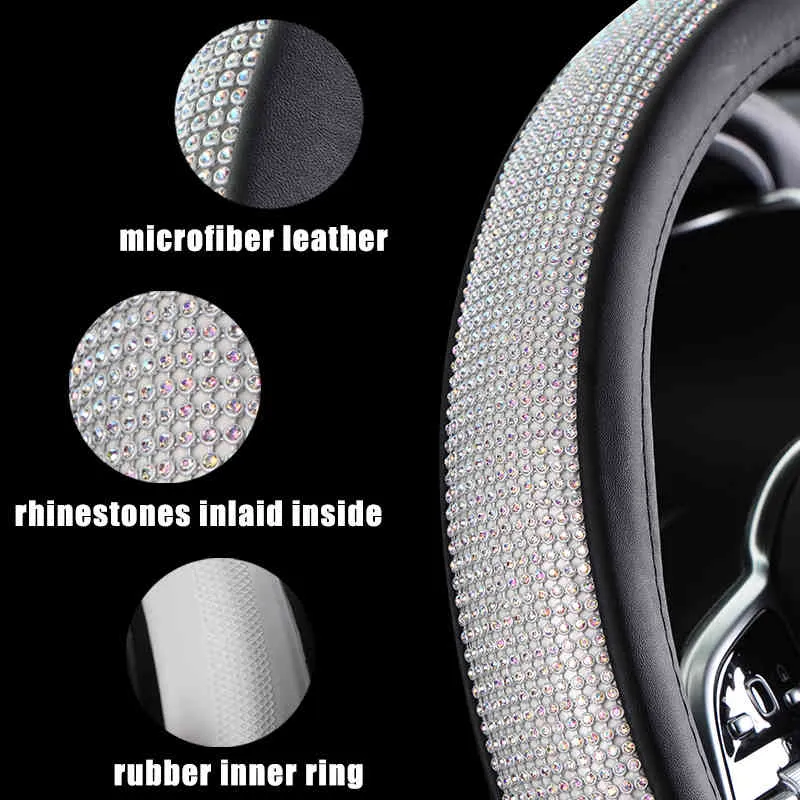 Karcle Shiny Rhinestones Wheel Diamond PU Leather Car Steering Cover 15 Inch Universal Auto Accessories