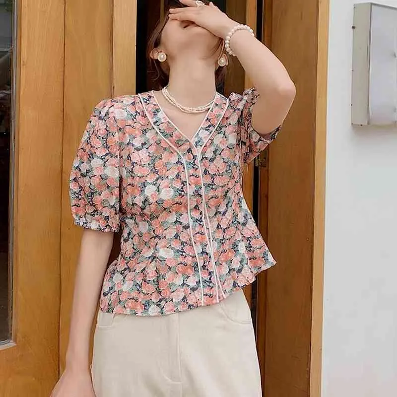 Vintage Print Slim Waisted Blouse Woman Shirts Temperament V-neck Camisas De Mujer Summer Short Sleeve Womens Tops 210514