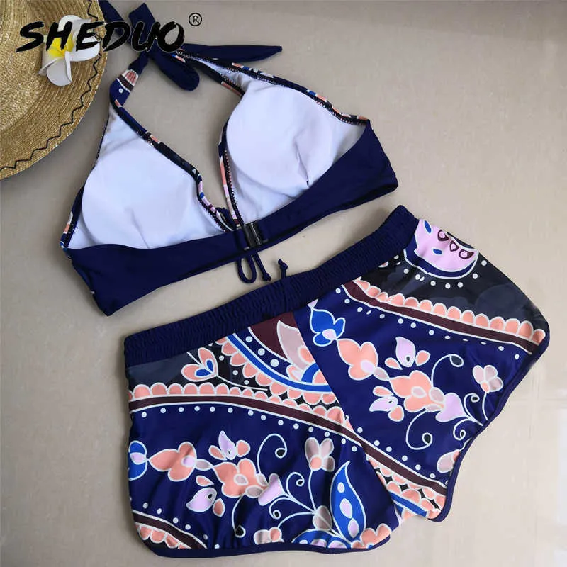 Seksi Push Up Mayo Mayolar Mayo Kadın Halter Retro Baskı Plaj Giymek Bikini Artı Boyutu Backless Surf Bodysuit 210621