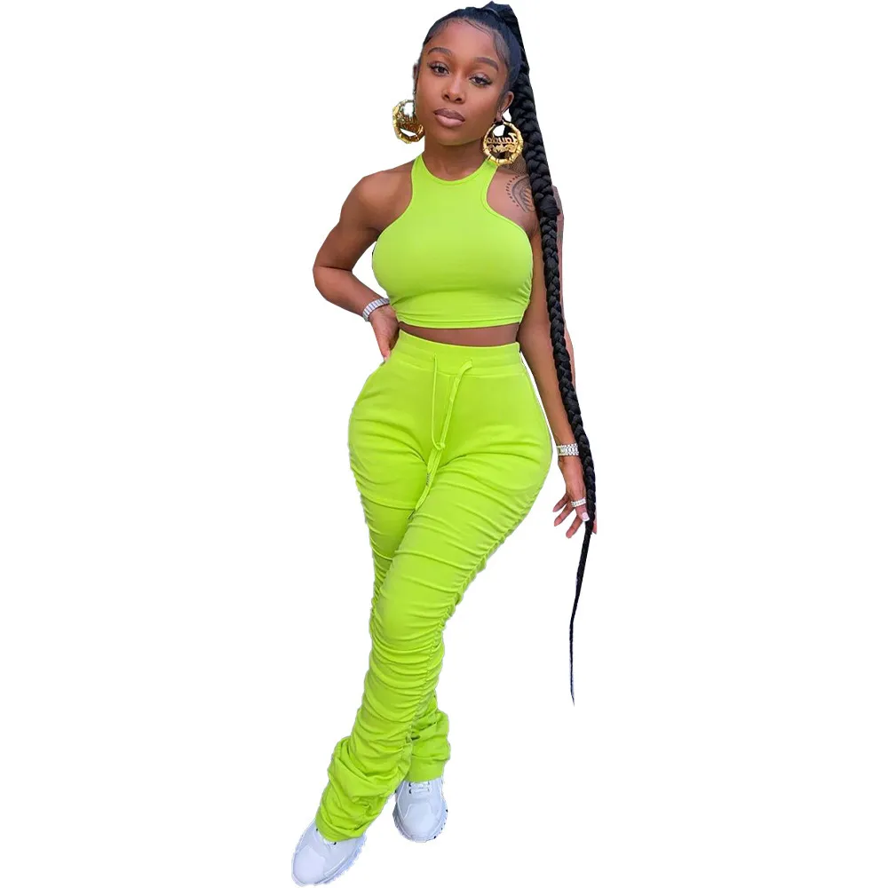 Fitness Stacked Leggings Tracksuit Women Summer Lounge wear Sleeveless Tank Crop Top with Sweatpants Two Piece Set Jogging Femme X0428