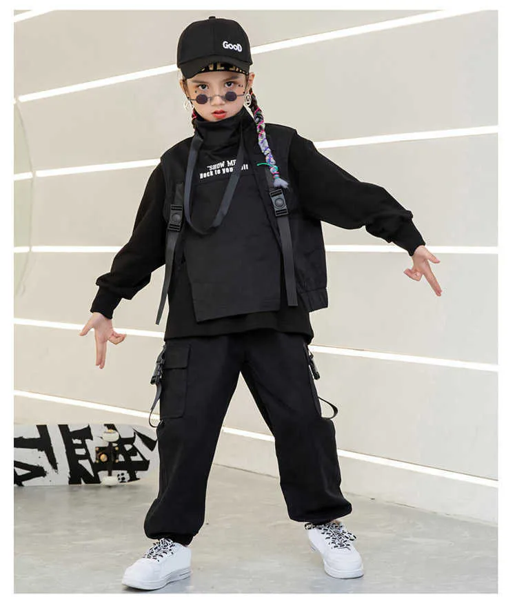 4 -16 anni Bambini Hip Hop Abbigliamento autunno Abbigliamento nero nero Tops Gilet Pantaloni da ballo ragazze Ragazzi Dance Costumes Dancing Outfits X0902
