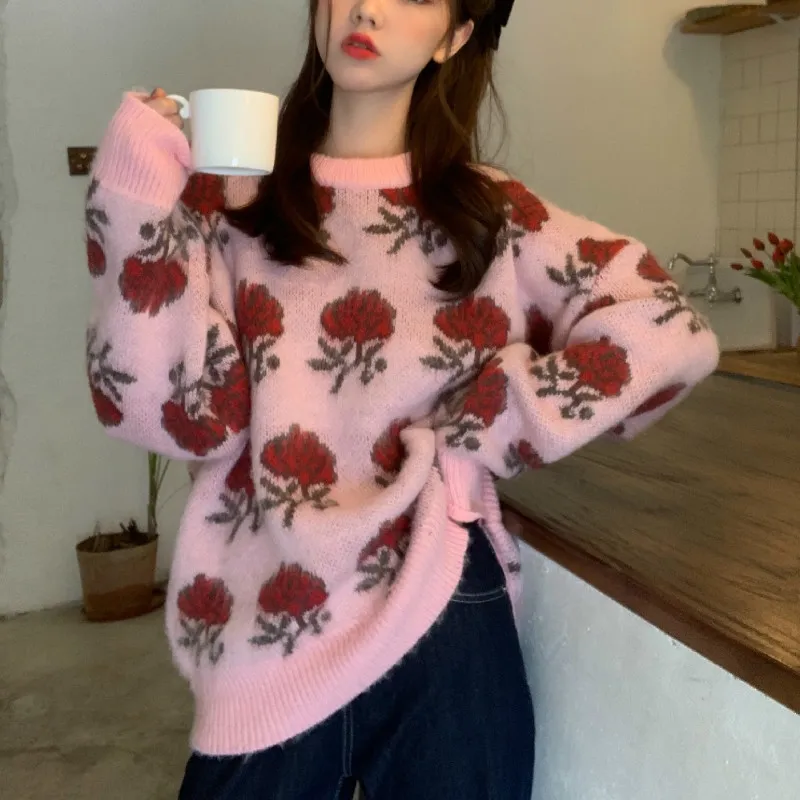 Kimutomo Women Rose Jacquard Knitted Sweater Spring Autumn Female O-neck Chic Long Sleeve Pullover Knitwear Fashion 210521