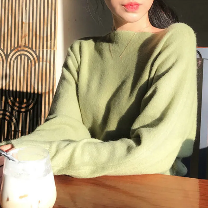 Ezgaga Tender Trui Pullover Office Dame Elegante Mode Chique Slash Neck Solid Herfst Winter Losse Knit Tops All-match Jumper 210430