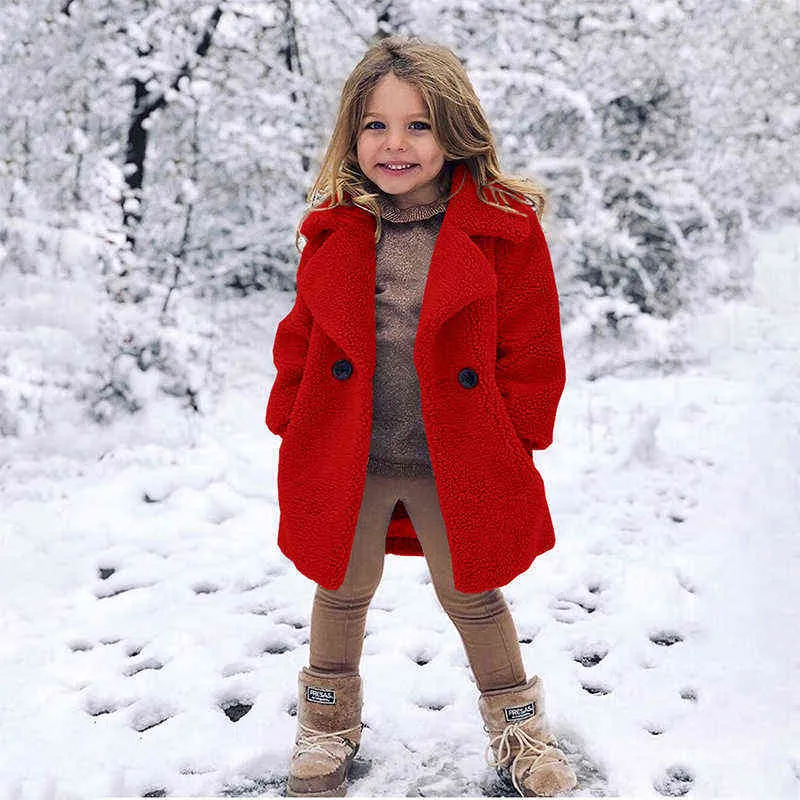 Sping Jesienna moda swobodna dziewczynki Kurtka Lapel wełna wełna grube stały kolor odzieży wierzcha luźna płaszcz dla dzieci ciepłe ubrania 2112049707453
