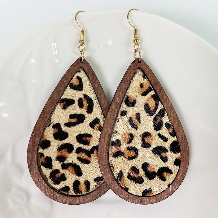 Boucles d'oreilles léopard en poils de cheval, style bohème européen et américain, goutte d'eau de vache, pendentif en bois, bijoux cadeaux T2I52996
