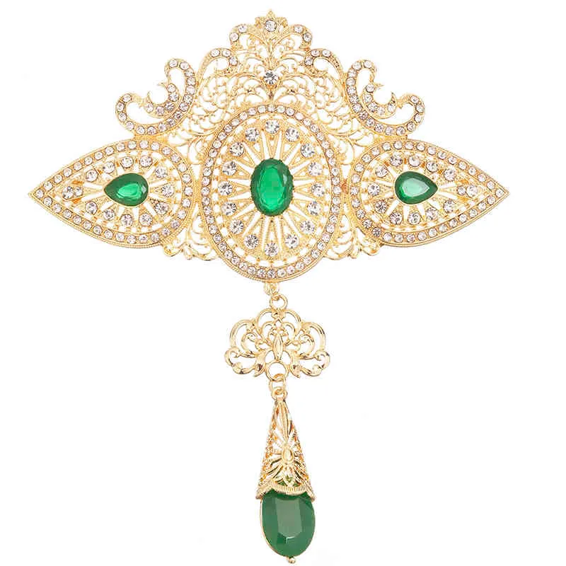 Broche de cristal de oro clásico de estilo marroquí grande con joyas de boda árabes de diamantes de imitación