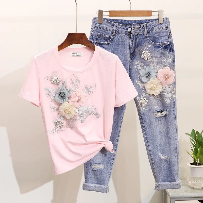 2020 Moda Kobiety Haft 3D Kwiat Koszulki Dżinsy Dwa Kawałki Zestawy Odzież Letni Dziura Denim Spodnie Dżinsowe Suit X0428