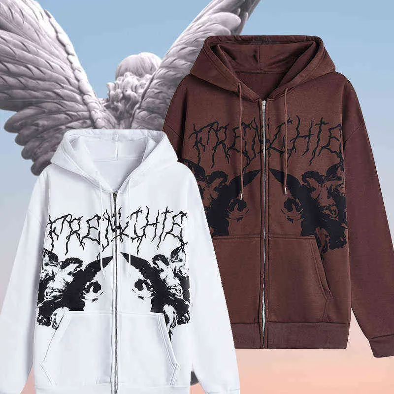 الشارع هوديي الهيب هوب من النوع الثقيل ملاك داكن طباعة سترة معطف القوط harajuku y2k الملابس zip up hoodie punk outwear 220110