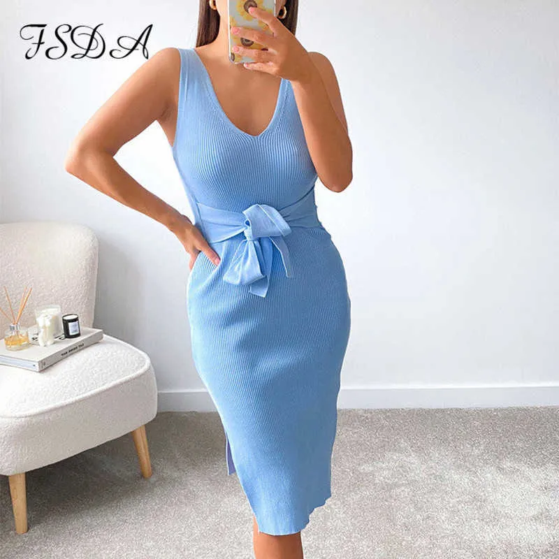 FSDA 2021 Stripe de Verão Malha Bodycon Dress Midi Mulheres Azul Sexy V Neck Elegante Bandage Casuais Vestidos De Partido Sem Mangas Y0603