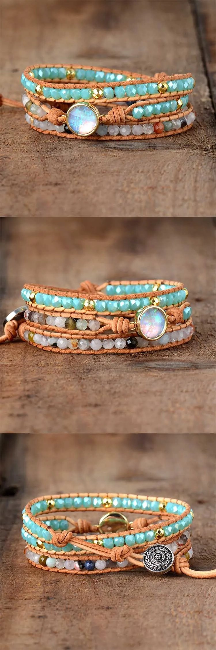 Pulsera envolvente de cuero de 3 filas de diamantes de imitación de piedra de ópalo Natural de alta calidad para mujer, pulseras bohemias elegantes para mujer, triangulación de envíos