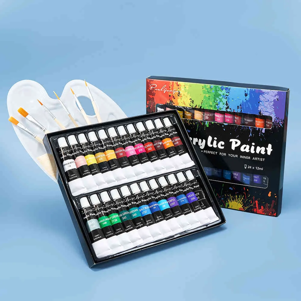 Acrylverf Set Met Borstel 24 Kleuren 12 ml voor Stoffen Kleding Pigmenten Kunstbenodigdheden Professionele Kunstenaar Painting187R2116557