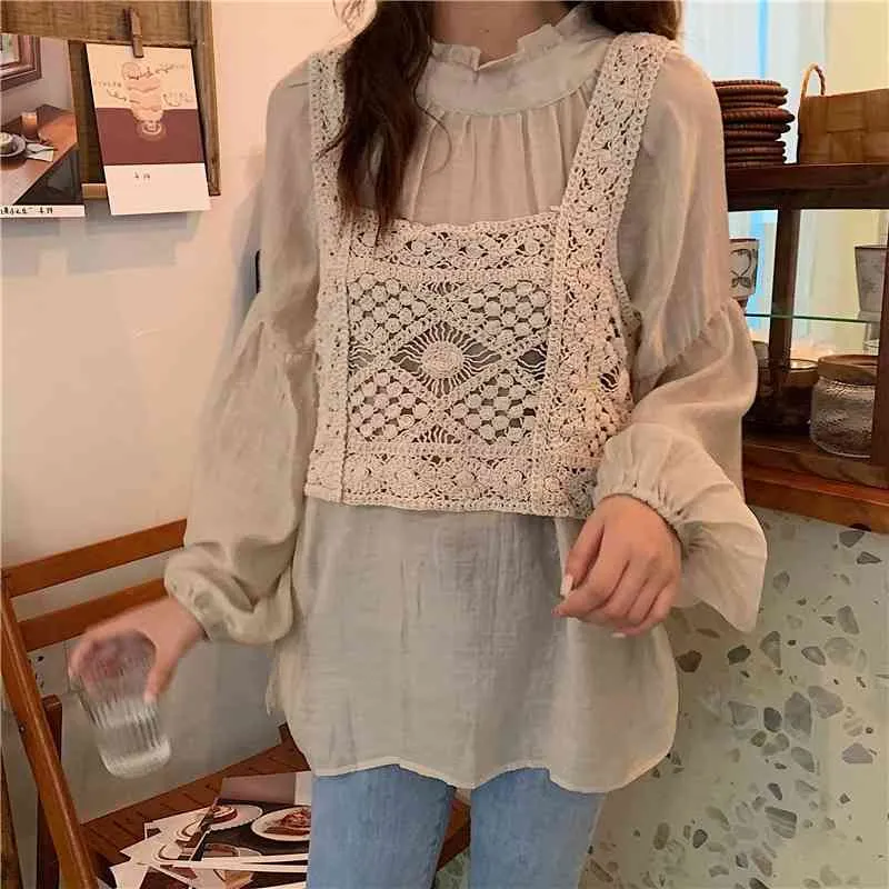 Ezgaga Korean Fashion Two Piece Set Women Blouse Shirts Hollow Out Knitted Vest Loose Sweet Pullover All-Match Casual Tops 210430