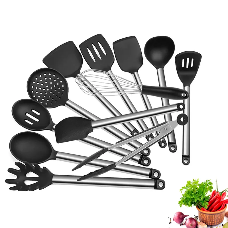 Silicone Cuisine Ustensiles De Cuisine Ensemble En Acier Inoxydable Poignée Turner Spatule Cuillère Pinces Fouet Batterie De Cuisine Outils De Cuisine Ensemble 210326