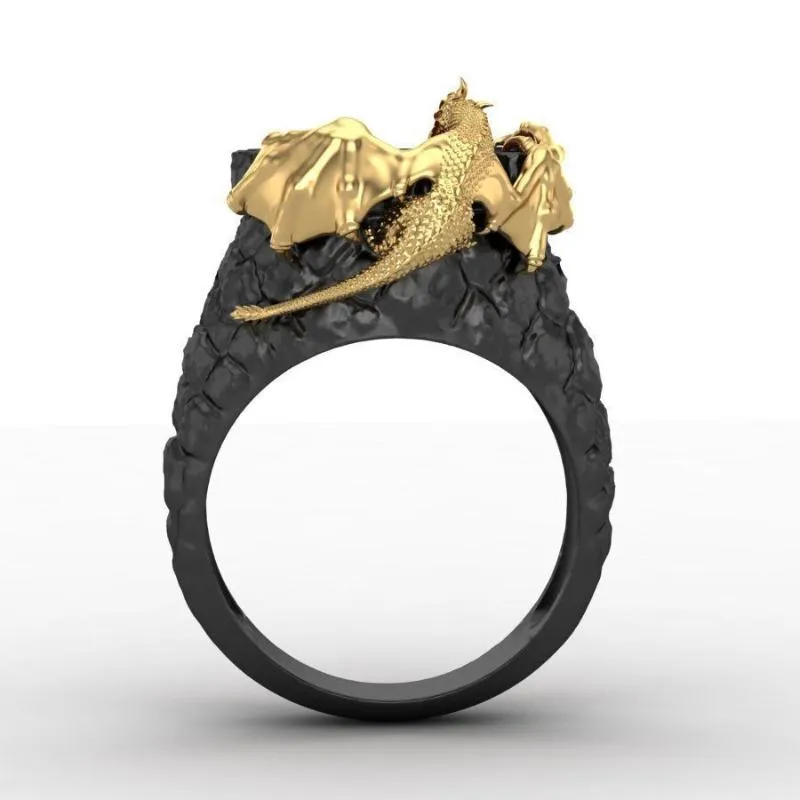 Vintage Gold Evil Dragon Gothic Men Ring Wine Red Zircon Punk Black Finger Rings For Women Hip Hop Fashion Jewelry D5M520 Cluster257O