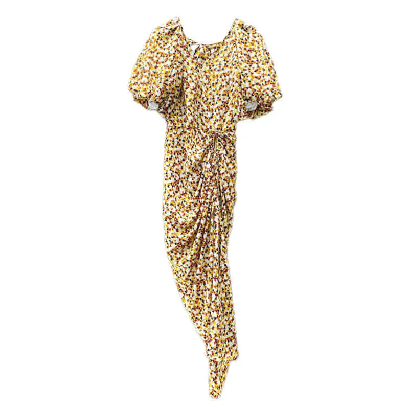 [Дикс] Летняя мода V-образным вырезом Высокая талия колена с коротким рукавом Нерегулярное расщепление вилкой платье для печати женщин 13Q305 210527