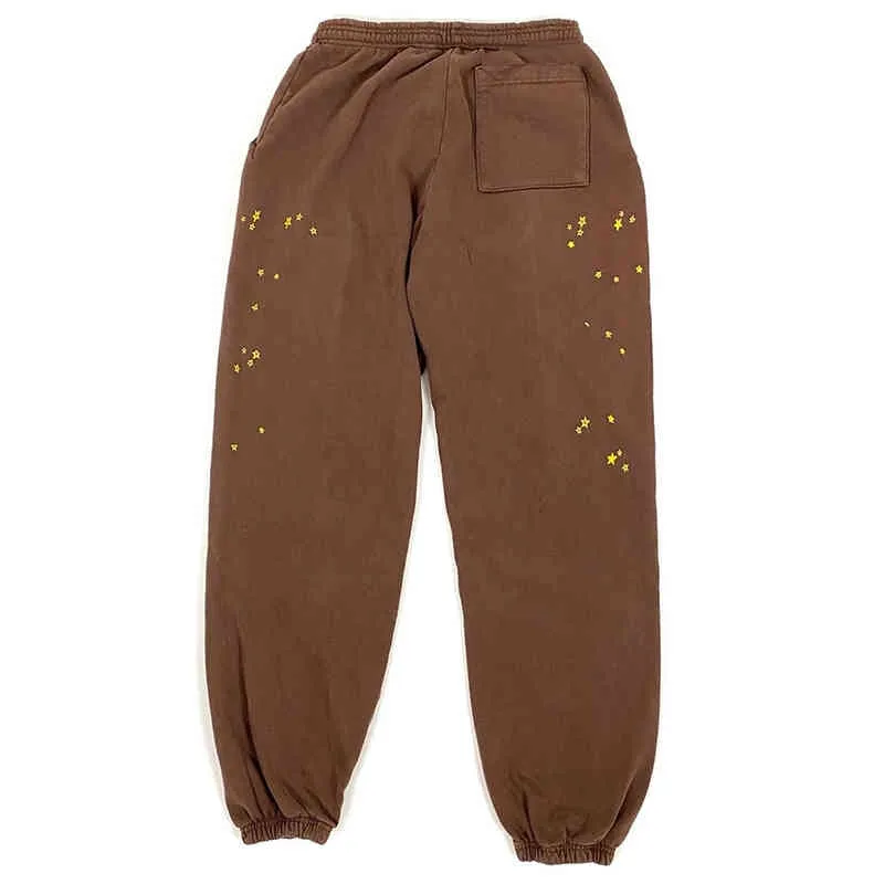 2022 Haute qualité Brown Graffiti Spider Web Pattern 555555 Pantalons de survêtement Hommes Femmes 1: 1 Pantalon Sp5der de haute qualité Pantalon de jogging avec cordon de serrage