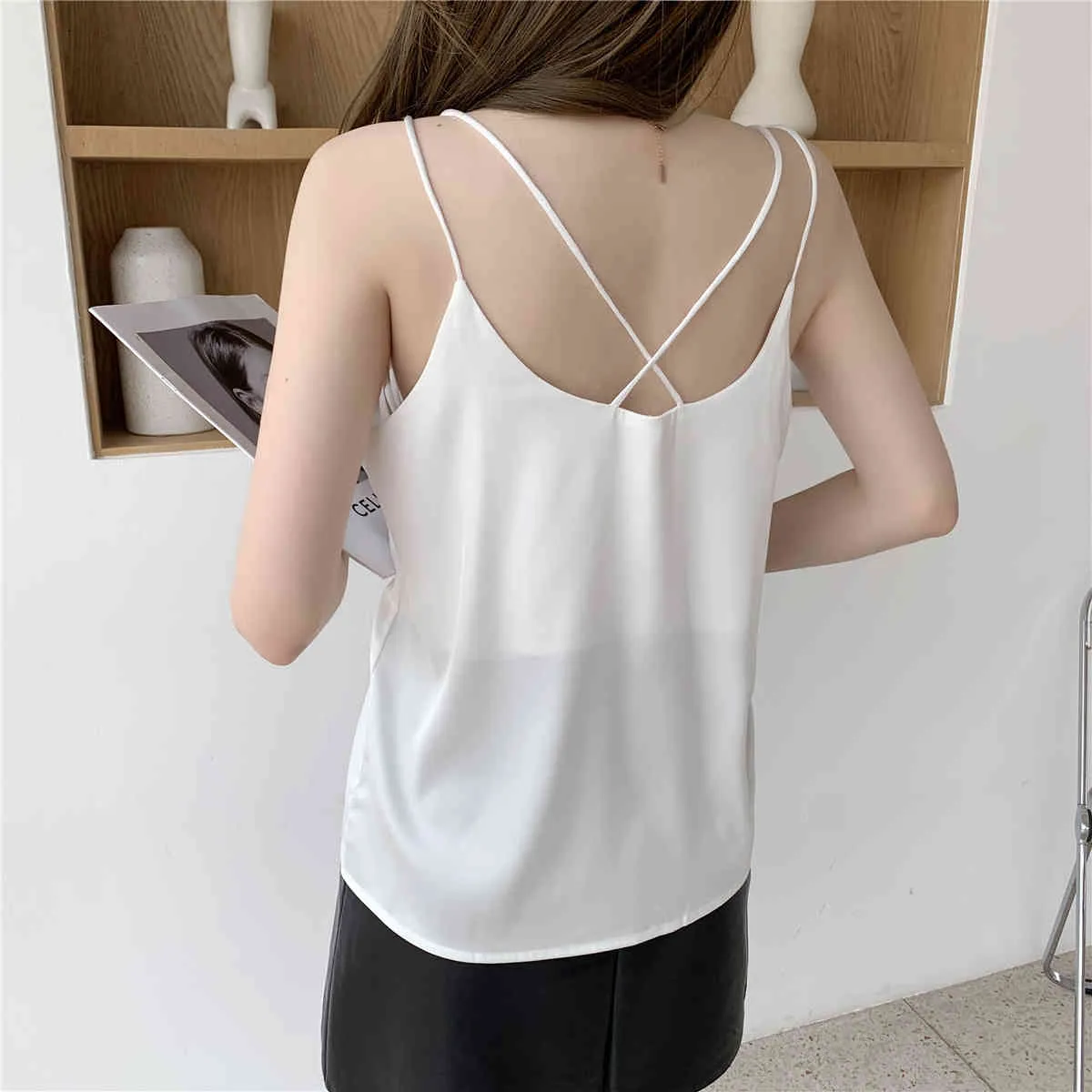 Spaghetti Strap Top Women Blouse Halter V Neck Basic Cami Sleeveless Satin Silk Tank Summer Camisole Blusa Drop 210507