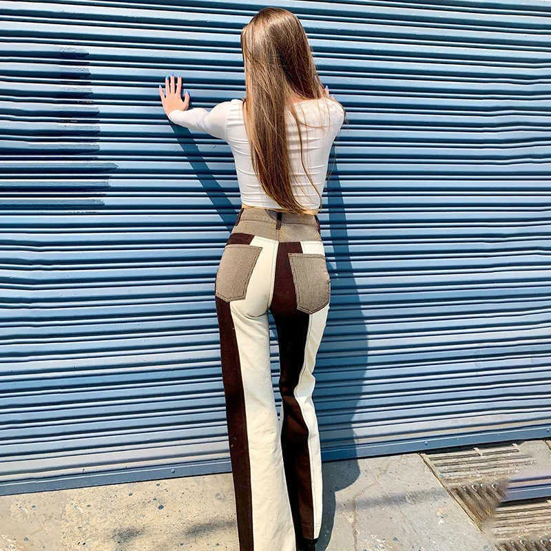 Pantaloni a gamba larga a vita alta donna Elegante vintage Y2k Pantaloni in denim marrone Moda coreana Patchwork tascabile Streetwear 2021 Q0801