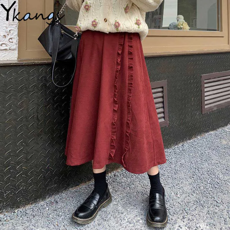 Vintage velours côtelé jupe taille haute femmes hiver chaud noir jupe longue style coréen harajuku plus taille jupe plissée à volants 210619