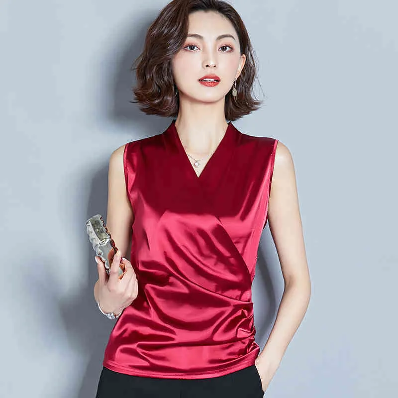 Koreanische Mode Seide Frauen Blusen Satin ärmellose rosa Hemden Plus Größe XXXL S Tops und Damen 210427