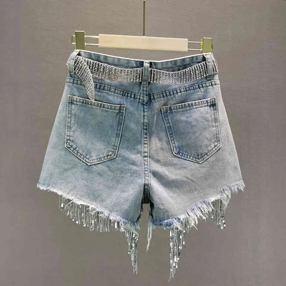الإناث الدنيم السراويل الصيف ارتداء ارتفاع الخصر التخسيس الثقيلة مطرز الترتر مهدب جينز السراويل 210524