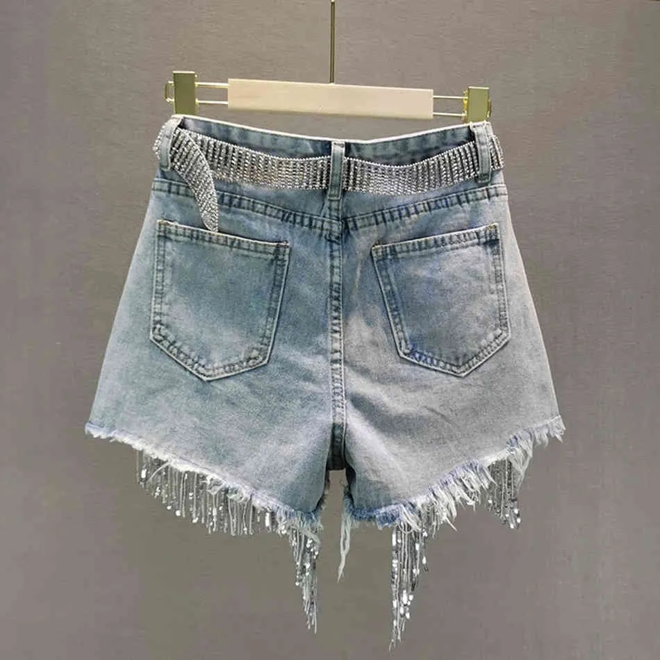 Free Female Denim Shorts Summer Wear High Waist Slimming Heavy Beaded Sequin Fringed Ripped Jeans Pants 210524