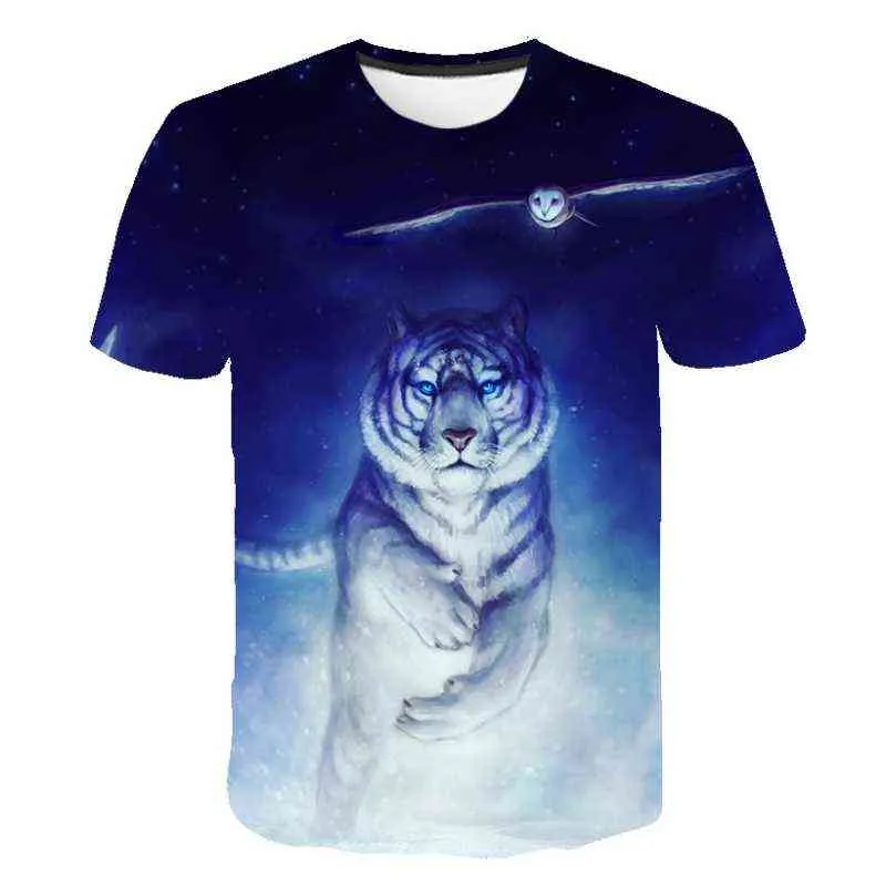 티셔츠 여름 2021 반팔 무서운 현실적인 동물 호랑이 인쇄 티셔츠 패션 성격 대형 남자 라운드 넥 탑 Y220214
