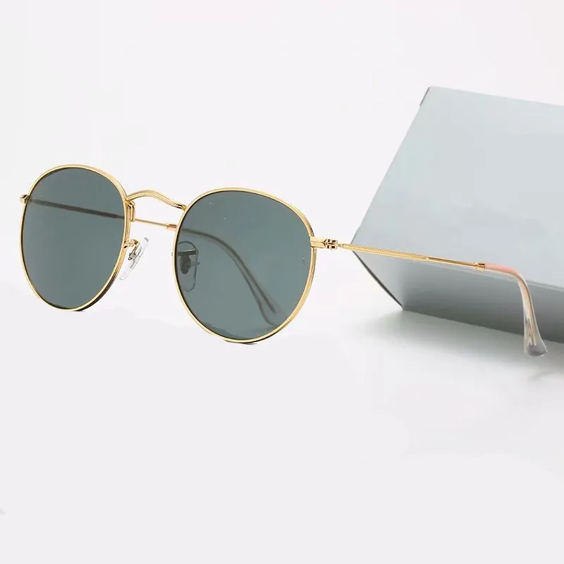 2021 Классический дизайн бренд Круглый солнцезащитные очки UV400 Metal Gold Rade Glasses Мужчины женщины зеркальные стеклянные солнцезащитные очки с коробкой 231G