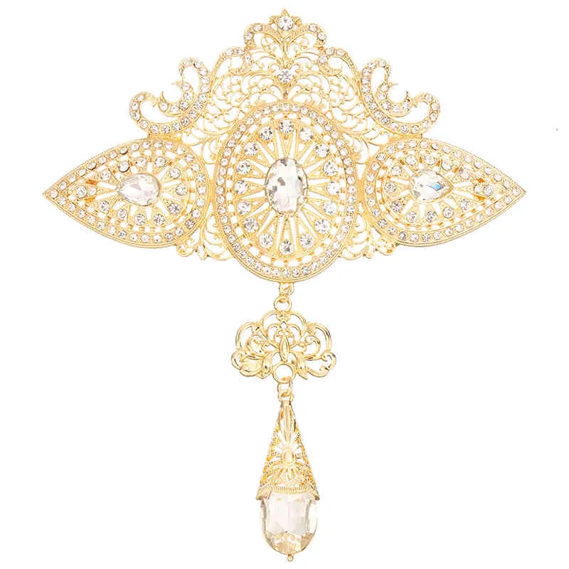 Grande broche ajourée en cristal doré classique de style marocain avec strass, bijoux de mariage arabe