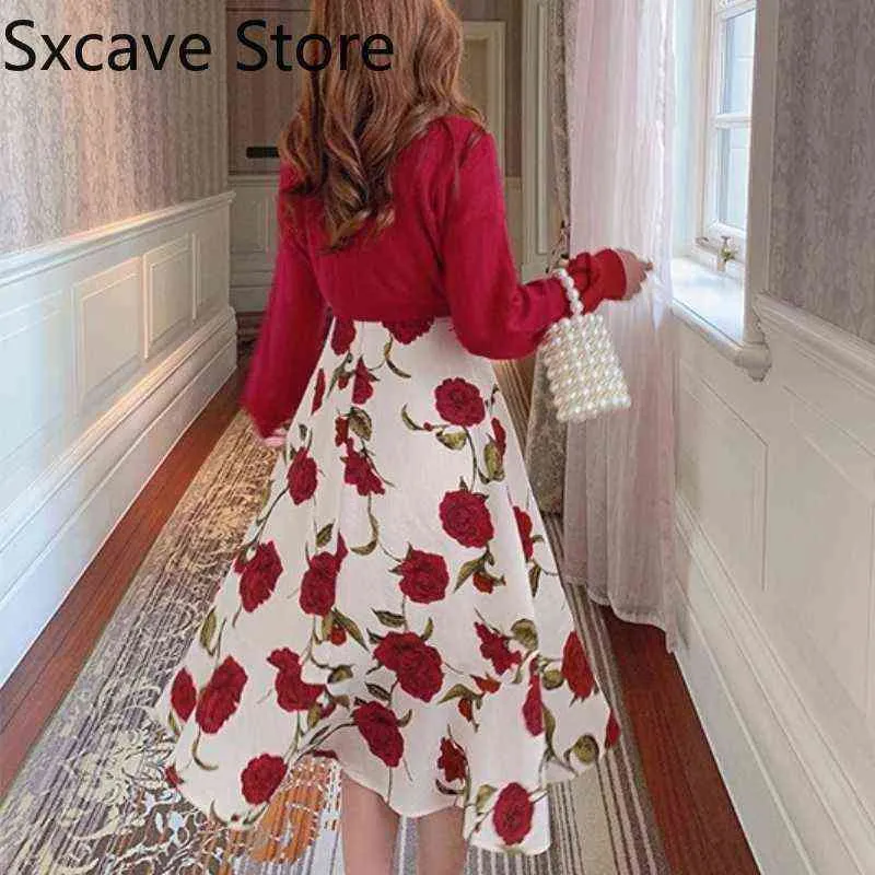 Vintage francês Midi vestido mulheres manga longa doce vestido floral noite retrô elegante um pedaço vestido coreano 2021 outono y1204