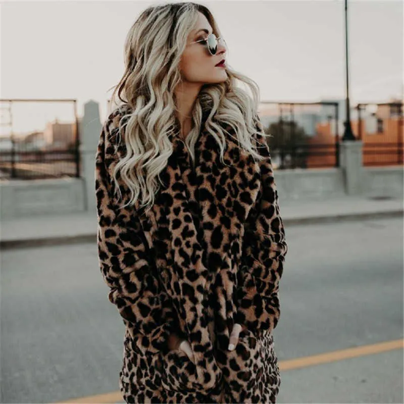 Fur Coat Kobiety Zima Plus Rozmiar Leopard Faux Fluffy Hair Kurtka Cardigan Ciepłe Long Cape 211019