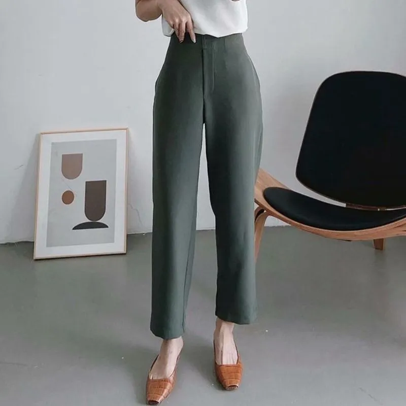 Elegant women straight trousers fashion ladies stylish elastic waist pants female vintage ankle-length girl chic pant 210427