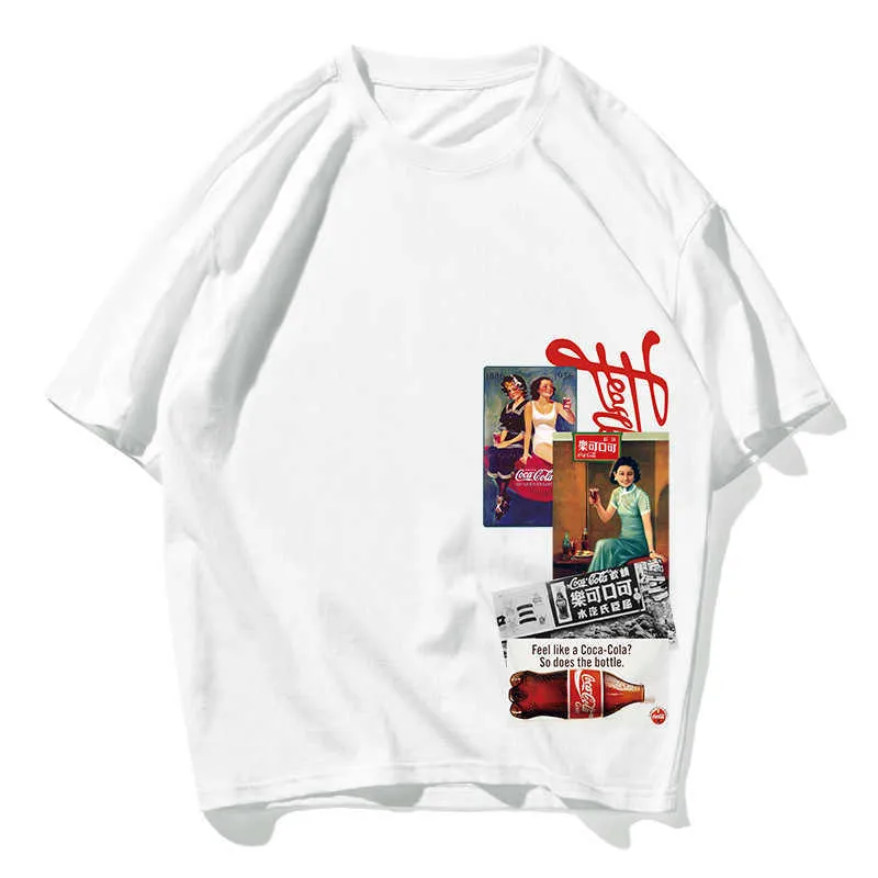 Maglietta oversize hip-hop stile vecchia scuola Uomo Streetwear Maglietta americana Maglietta manica corta in cotone sciolto HipHop Coppia estate 210603