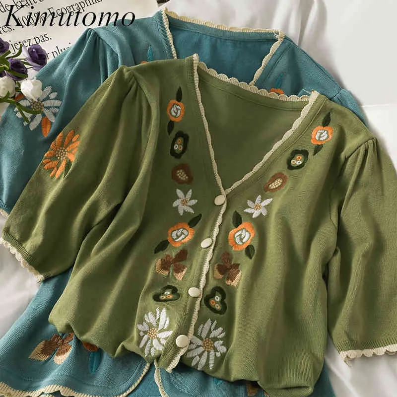 Kimutomo golvende rand stiksels blouse vrouwen hong kong retro single-breasted geborduurde puff hoezen slank shirt elegante mode 210521