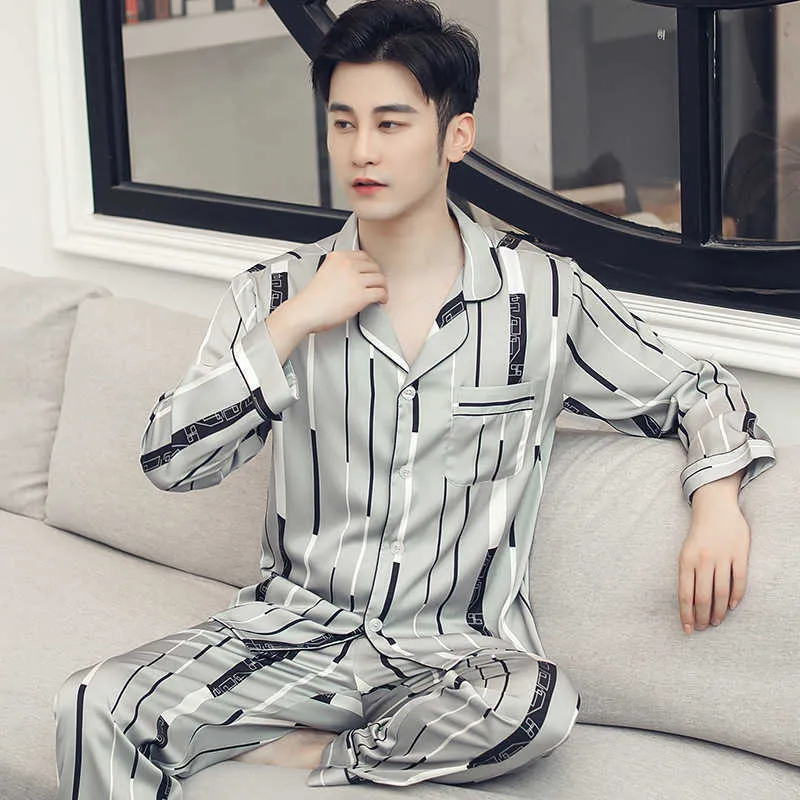 Pyjamas de nuit pour hommes Satin Pyjama Set Soie ASleeping Suit Automne Printemps Homewear Vêtements Imprimé Longe Pantalon Chemise de Nuit XXXL XXL 210901