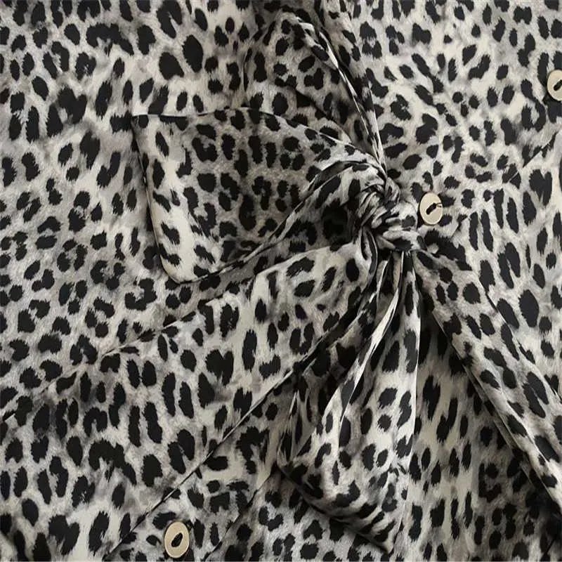 ZA Vintage Satin Animal Print Dress Women Long Sleeve Self Belt Leopard Midi Dresses Female Fashion Button Fitted Vestido 210602