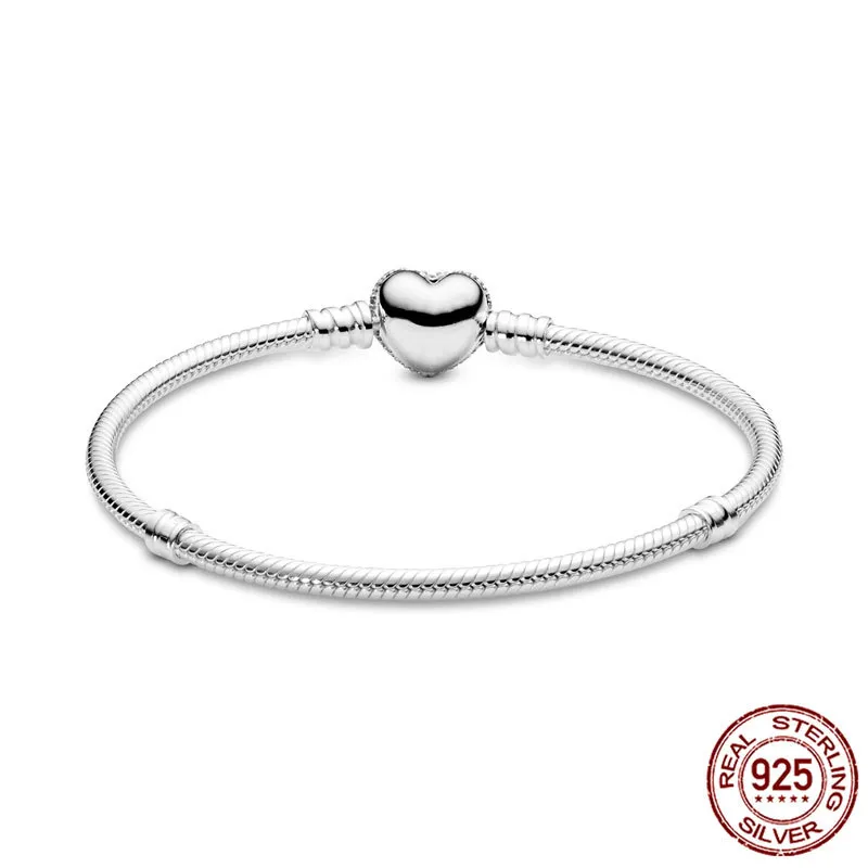 Romantic 925 Sterling Silver Sparkling Heart Clasp Snake Chain Bracelet Women For Original Brand DIY Charm Beads Jewelry