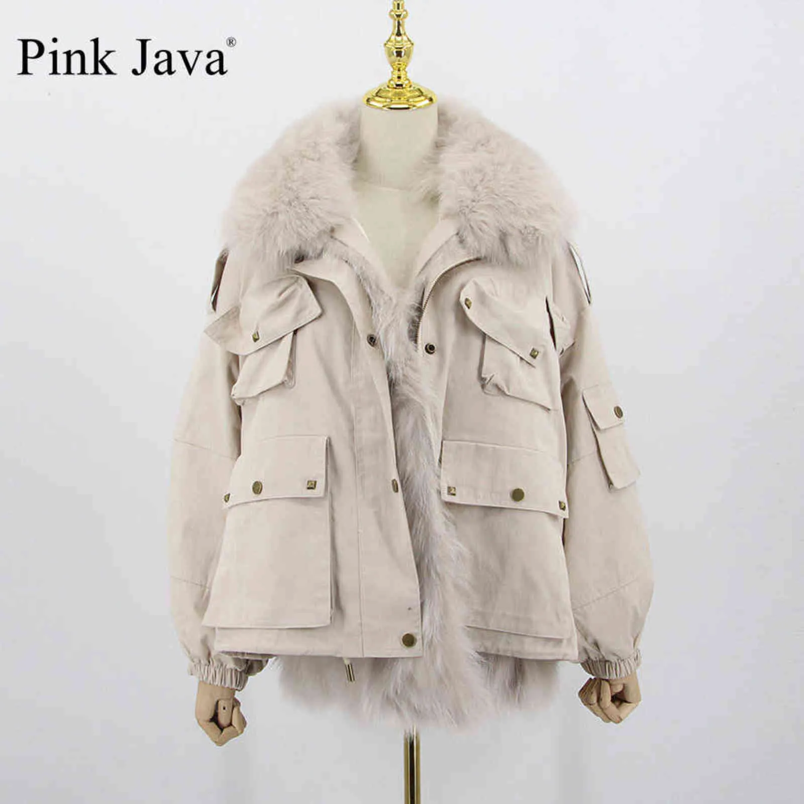 pink java 20116 women fur coat winter thick jacket real fashion jackets collar 211110