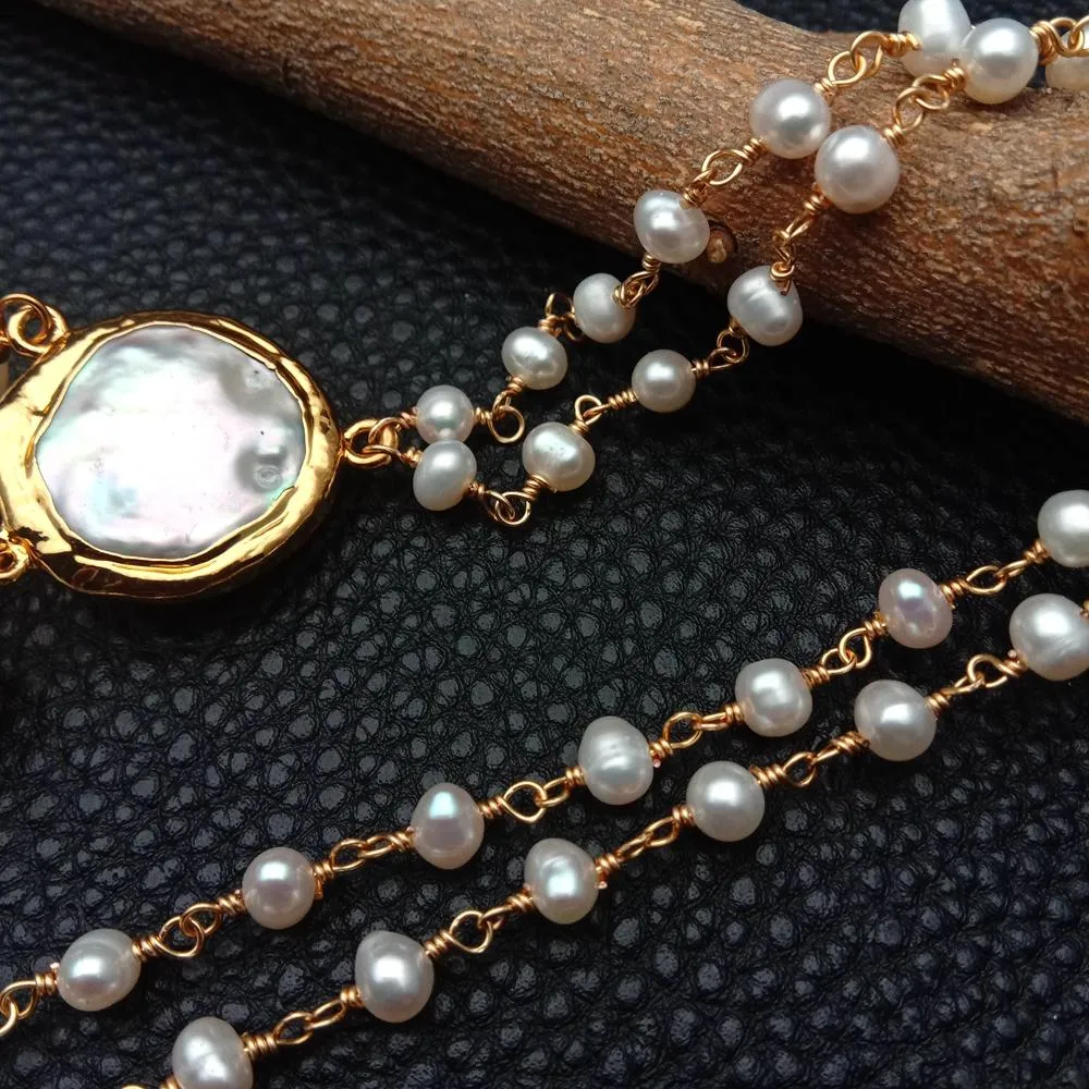 YYGEM Collier avec pendentif en forme de chapelet de perles blanches de culture d'eau douce 45,7 cm