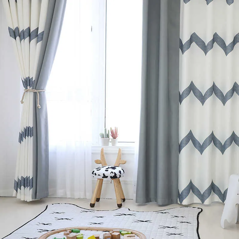 モダンなシンプルな白い遮光カーテングレーの縞模様の寝室のリビングのためのフルシェーディングドレープ210712