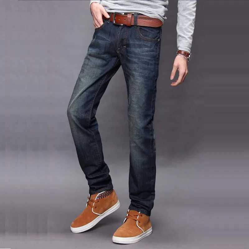 Klassiska män avslappnad mid-ris rak denim jeans långa byxor bekväma byxor löst fit varumärke herrkläder mans jeans 29 32 36 36