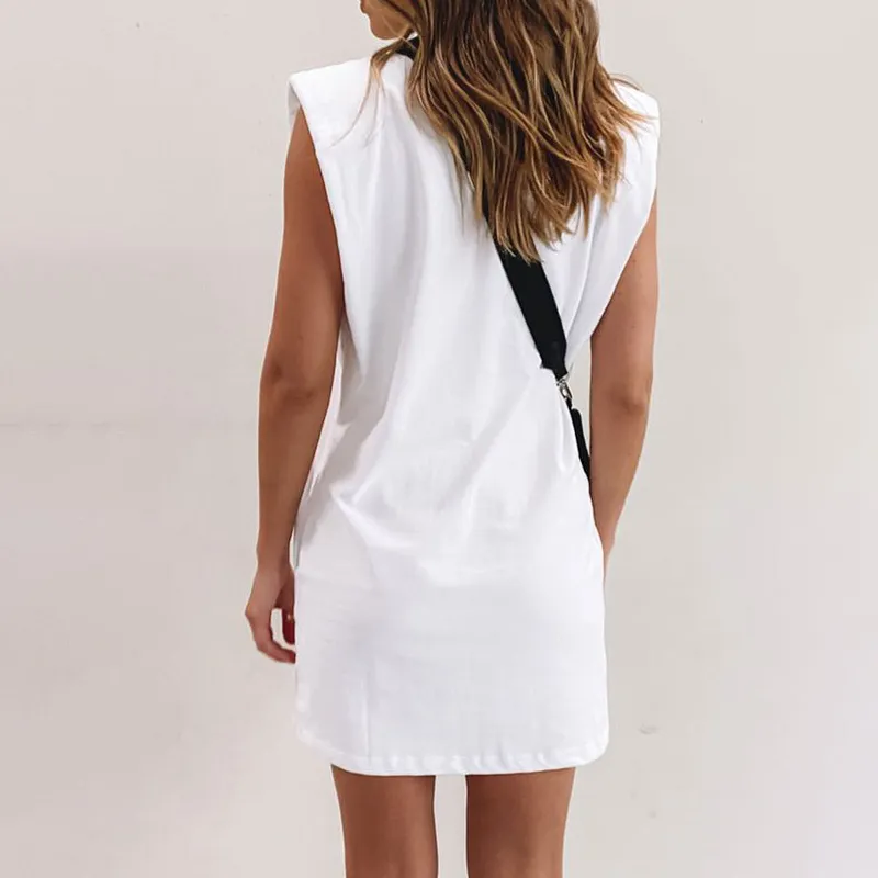 Casual Mini Witte Jurk Voor Womens Zomer Mode Schouder Pad O Hals Slim Fit Bag Hip Pocket Jurk A-lijn Solid Korte Jurk 210514