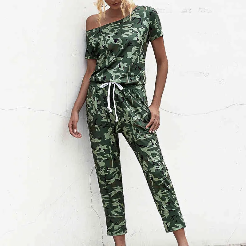 Printemps été Camouflage imprimé body femmes streetwear décontracté épaule à manches courtes poche femmes combinaison sans bretelles 210514