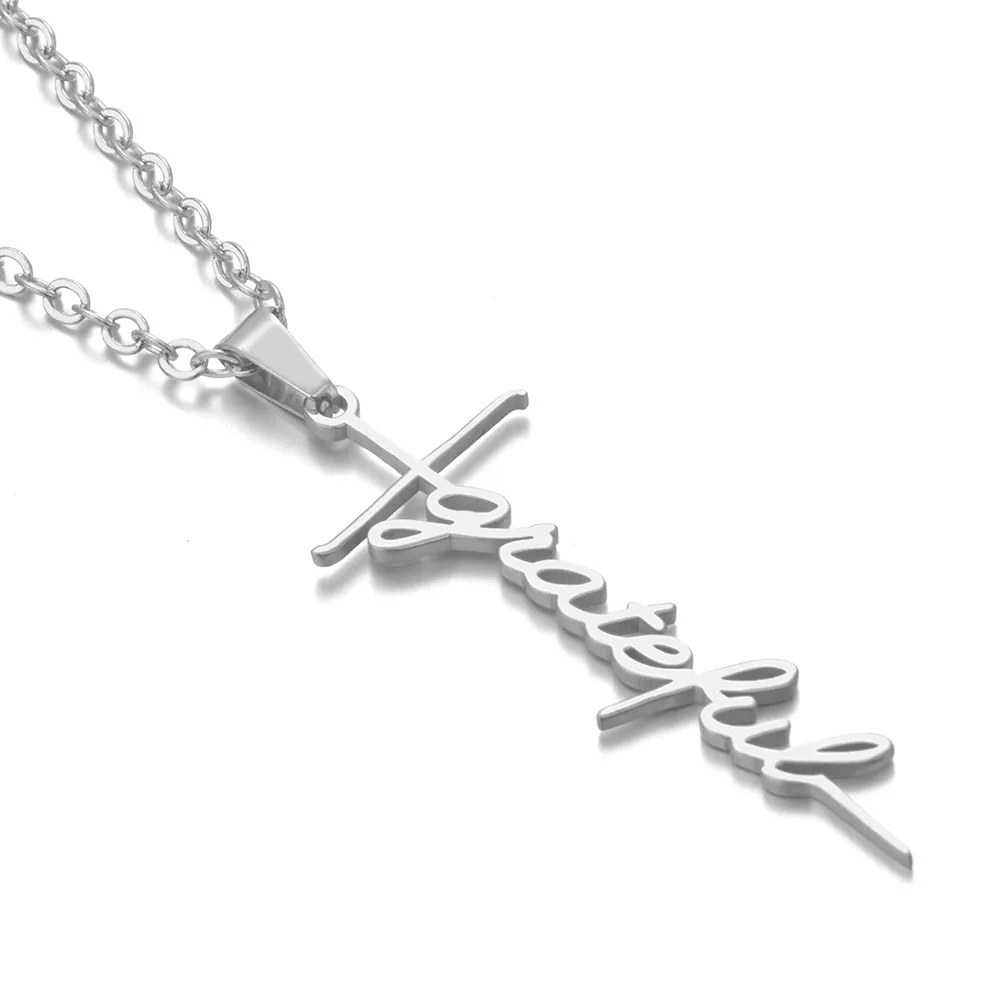 Stainless Steel Chain Necklace Silver Color GRATEFUL Cross Pendant for Women Fashion Jewelry Gift