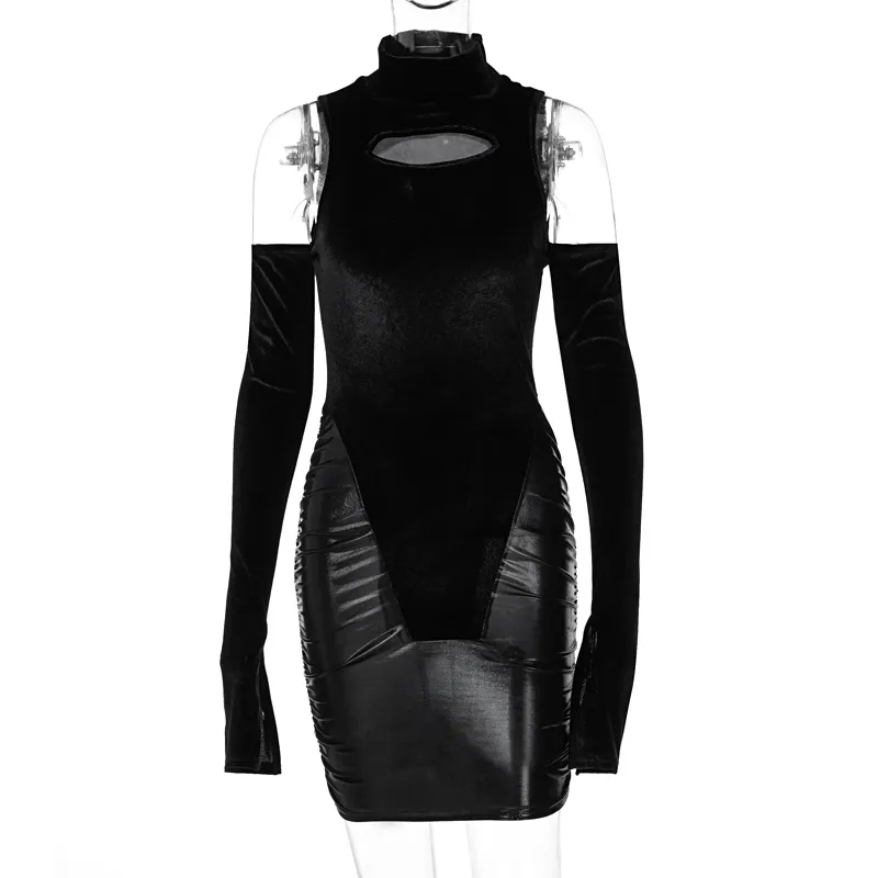 Dameskoude schouder Flare Lange mouwen Patchwork Jurk Schildpad-hals Zwart Bodycon Mini Party Mode Vrouwen Y2K Kleding 210517