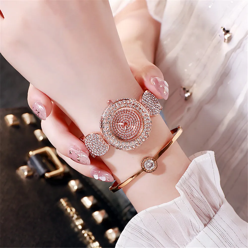 Moda Luksusowe Rhinestone Kobiety Zegarki Casual Crystal Dial Design Damska kwarcowe Zegarek Różowy Złoty Stal Bransoletka Pasek