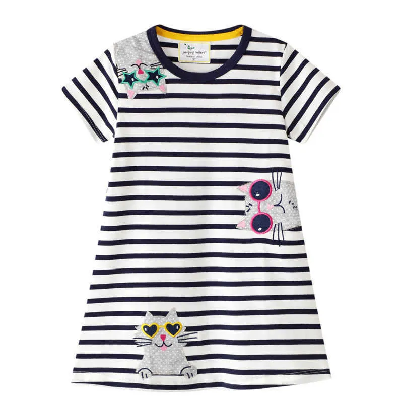 Jumping Meters 2-7T Cotton Animals Girls Dresses Summer Applique Baby Clothes Selling Striped Tunic Costume Kids Dress 210529