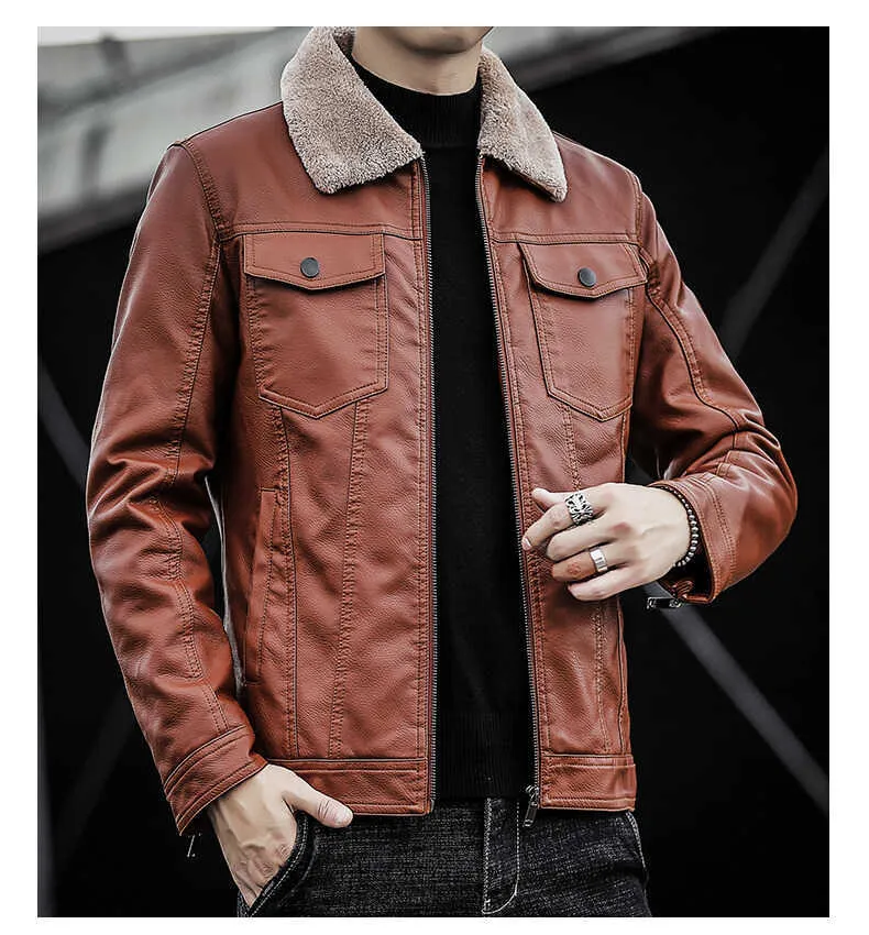 Épais hommes veste en cuir hiver automne hommes moto veste mode fausse fourrure col coupe-vent chaud manteau masculin veste 211009