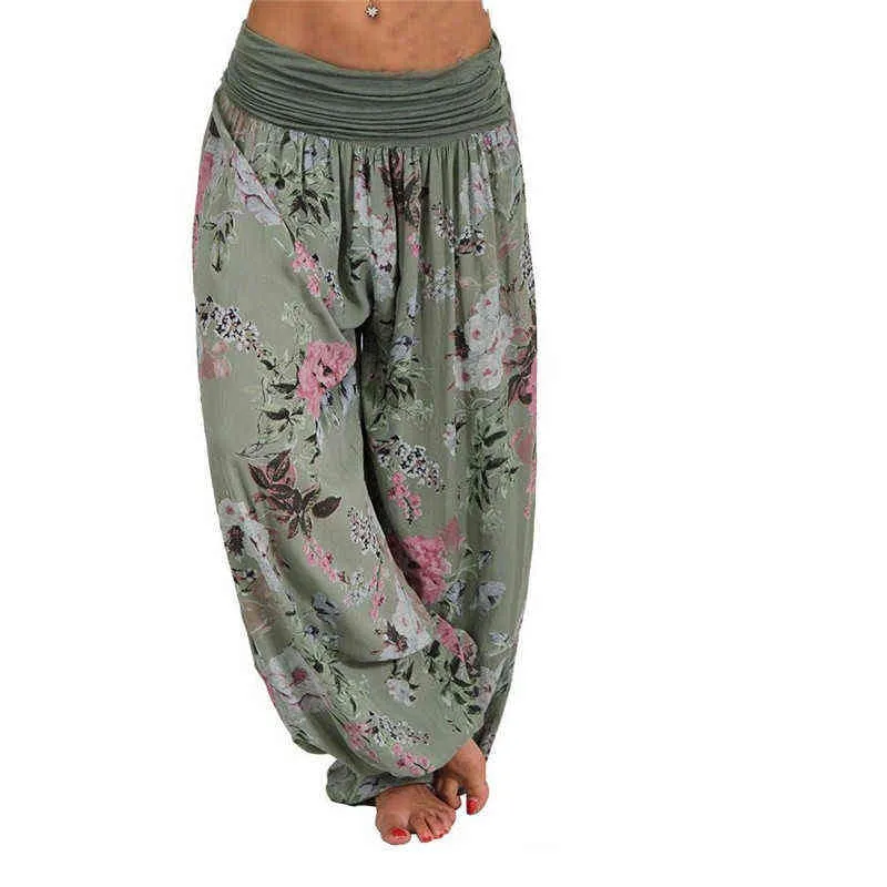 Pantalones largos con estampado floral bohemio para mujer Pantalones largos de cintura media Vintage Harem Elástico Boho Pantalones de playa de talla grande 5XL 211115