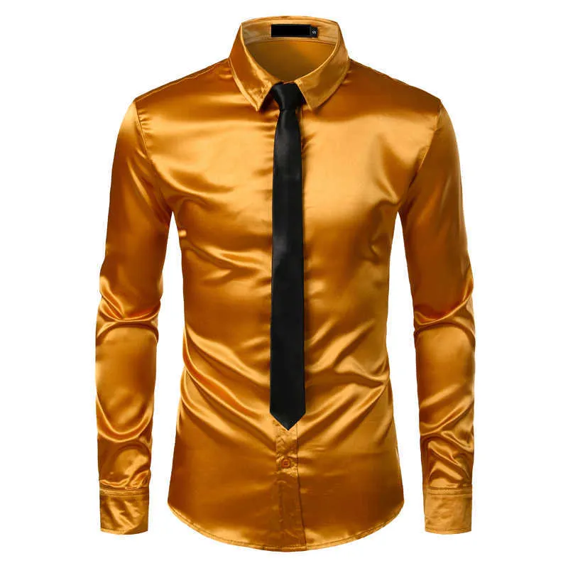 Silver Silk Shirt+Tie Mens Satin Smooth Tuxedo Shirts Casual Button Down Men Dress Wedding Party Prom Chemise Homme 210626